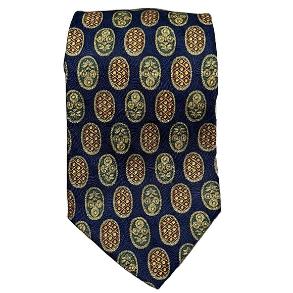 Geoffrey Beene Tie Navy Blue Burgundy Gold Green 100% Silk Necktie Made USA 58x4 - Picture 1 of 4